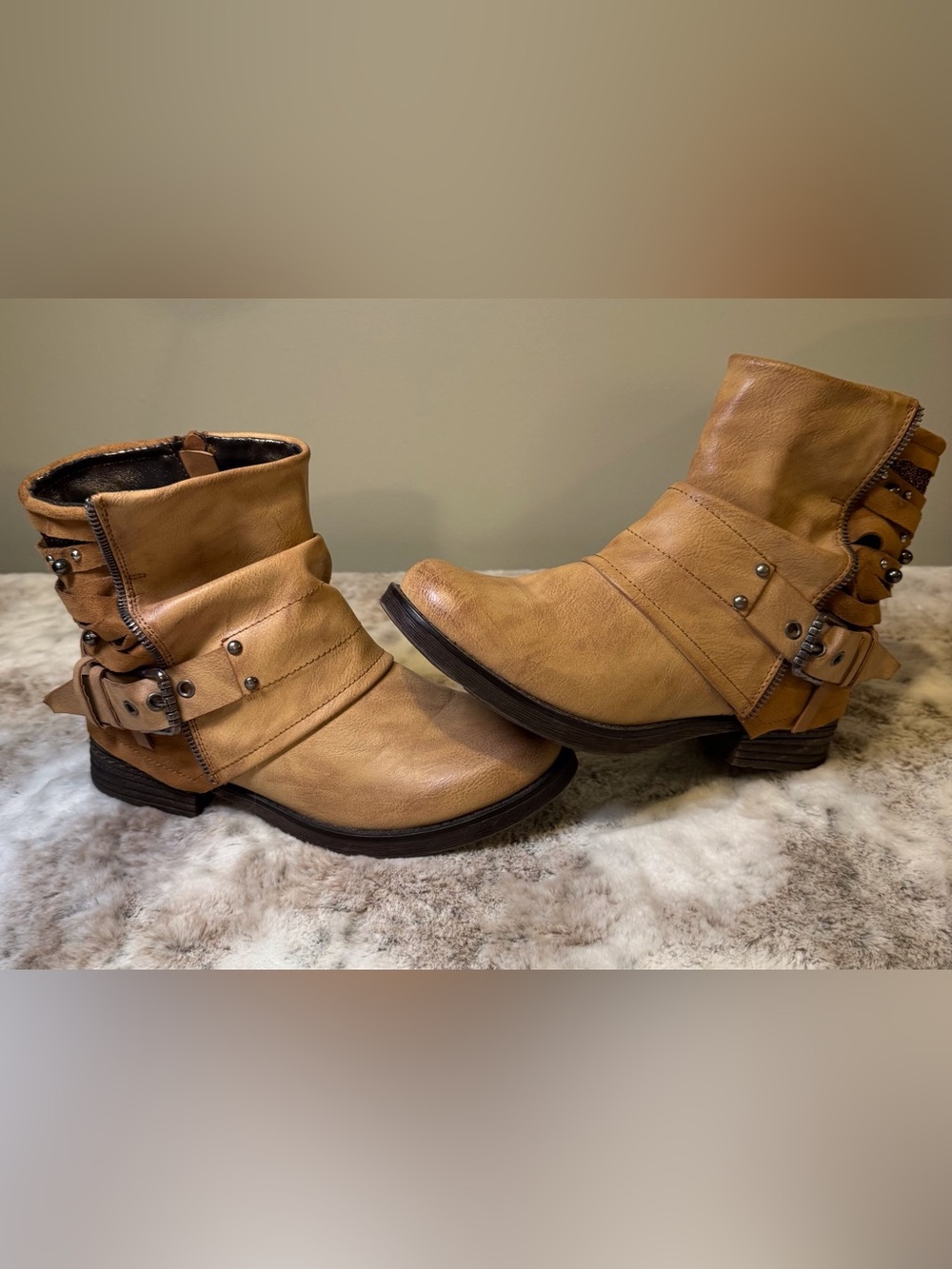 Pierre Dumas Tan Buckle and studded Strap Ankle Boots